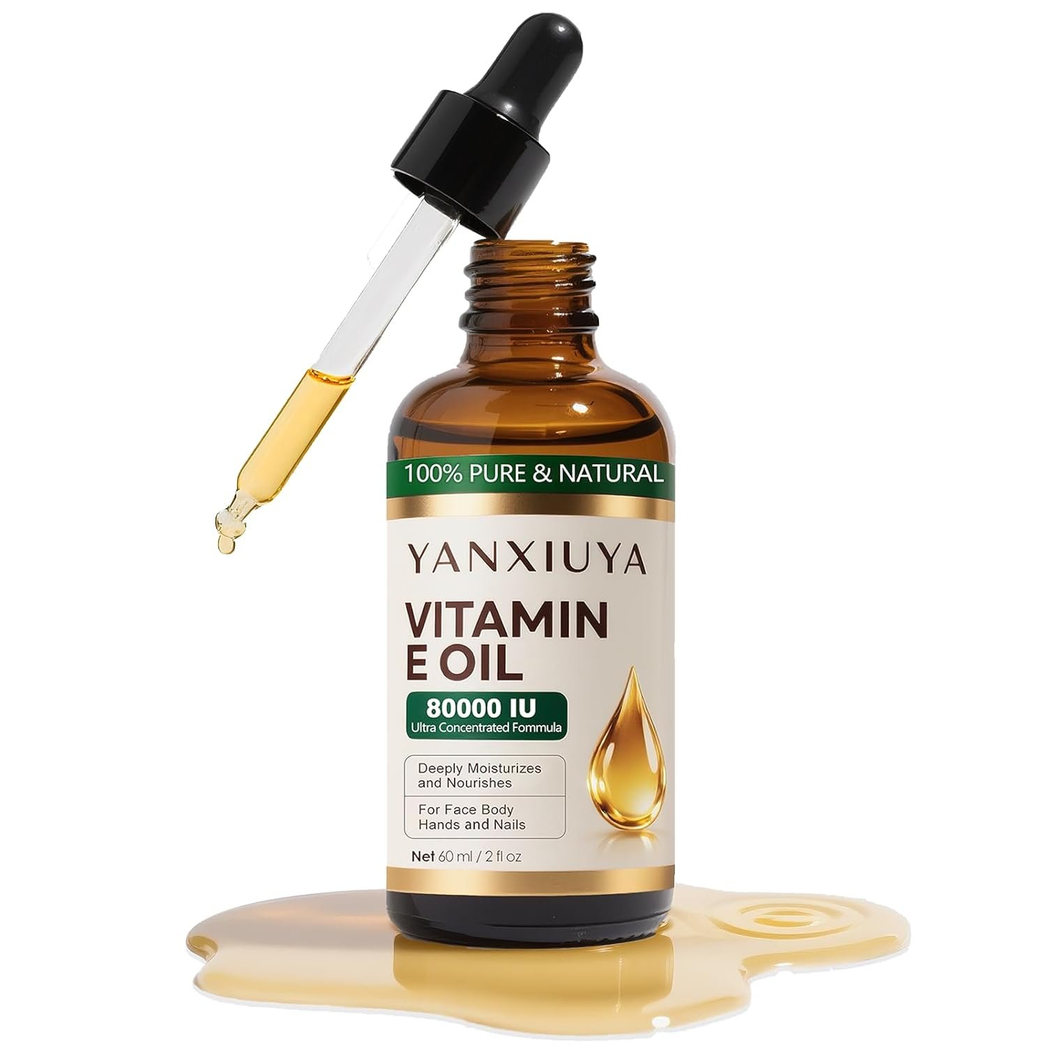 Vitamin E Oil, 80,000 IU Pure Organic Vitamin E Oil for Skin, Scars, Face & Body, Moisturizing Care for Hair, Nail & Scalp, Bath & Body, Hydrating Dry Skin, Wrinkles, Easy Absorption, 2 Fl Oz