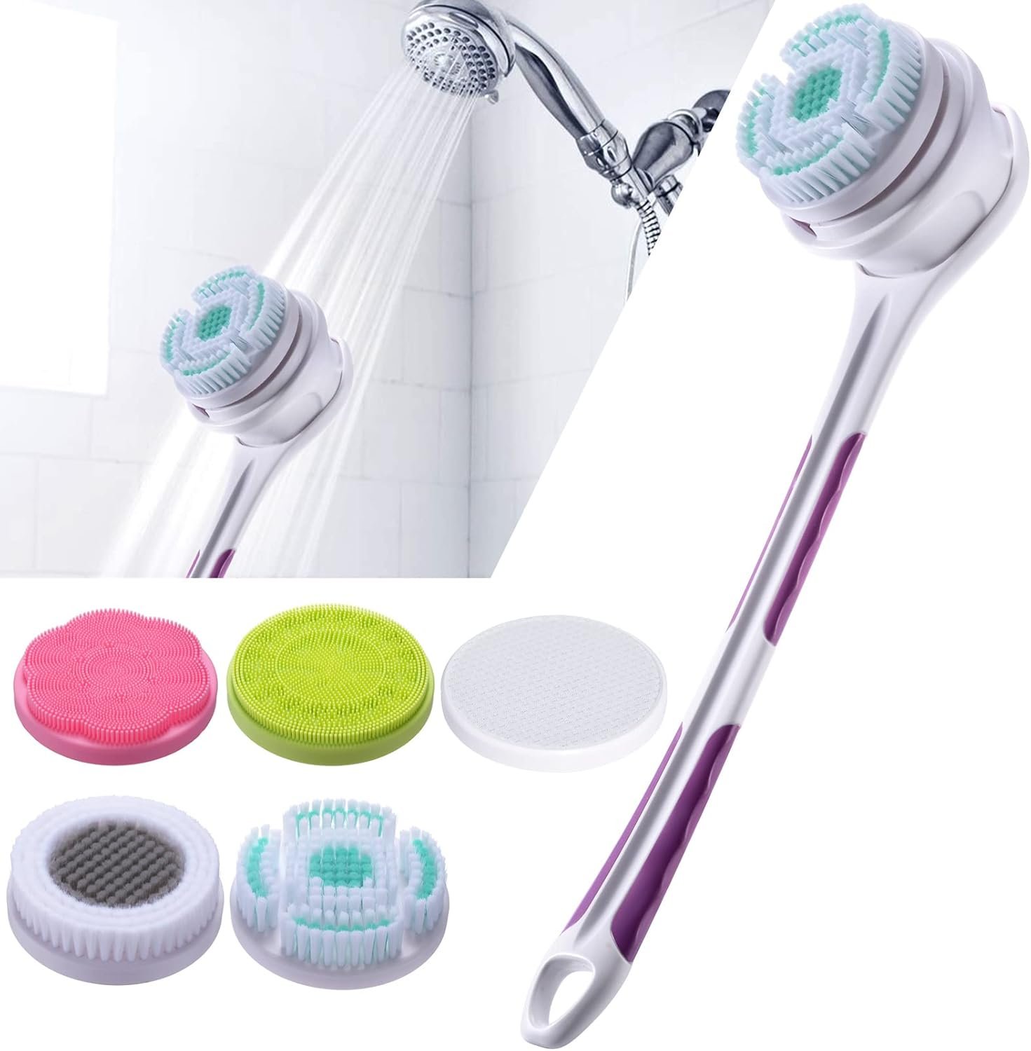 SoulBay Electric Body Brush with 5 Attachments: Rechargeable Back Brush IPX7 Long Handle Exfoliating Spin Scrubber for Shower Bathing Cleansing Wash Deep Cleaning