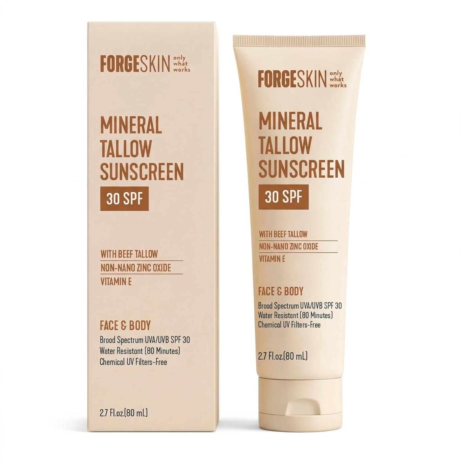 FORGE SKIN Mineral Tallow Sunscreen SPF 30 [Tallow Based] Non Nano Zinc Oxide, Organic Non Toxic Sunscreen, No White Cast, Water Resistant Face & Body Sunblock | 2.7 oz