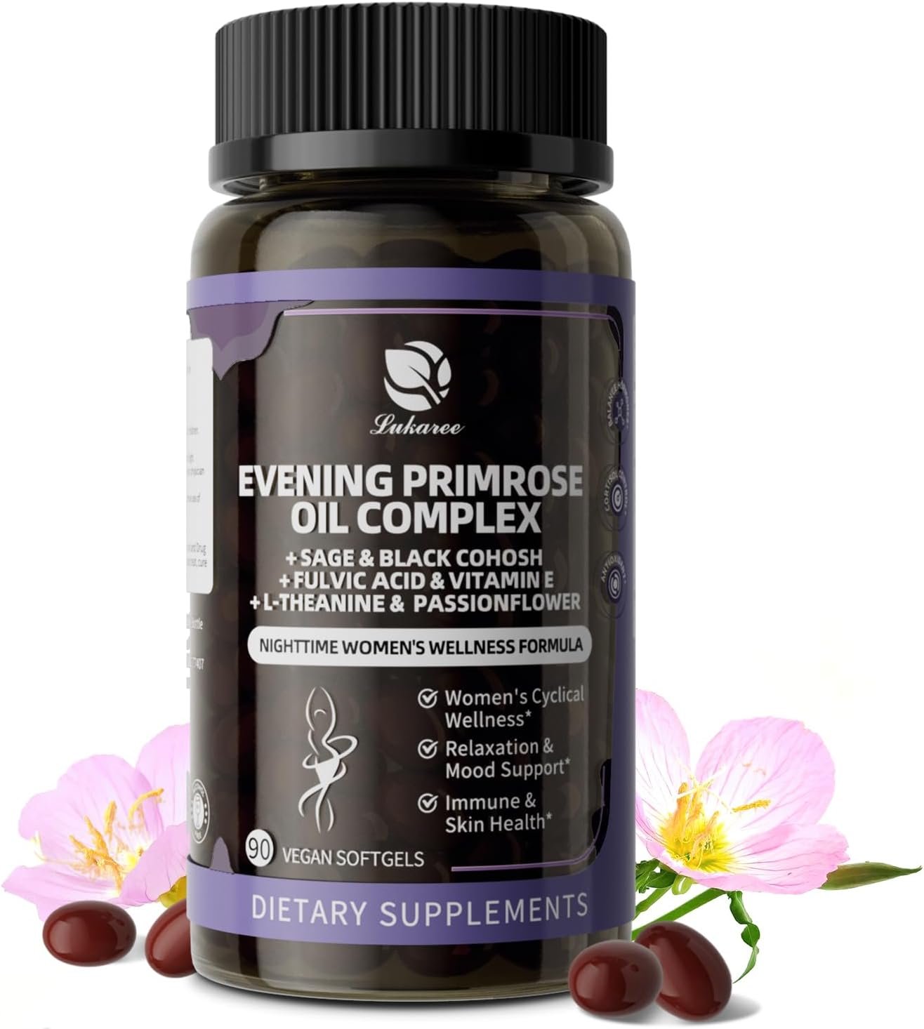 Lukaree Evening Primrose Oil Complex for Women – Hormone Wellness with Cold-Pressed EPO, 10% GLA, Sage, Fulvic Acid, L-Theanine – Supports Cyclical Balance, Mood, Skin & Immune Health, 90 Softgels