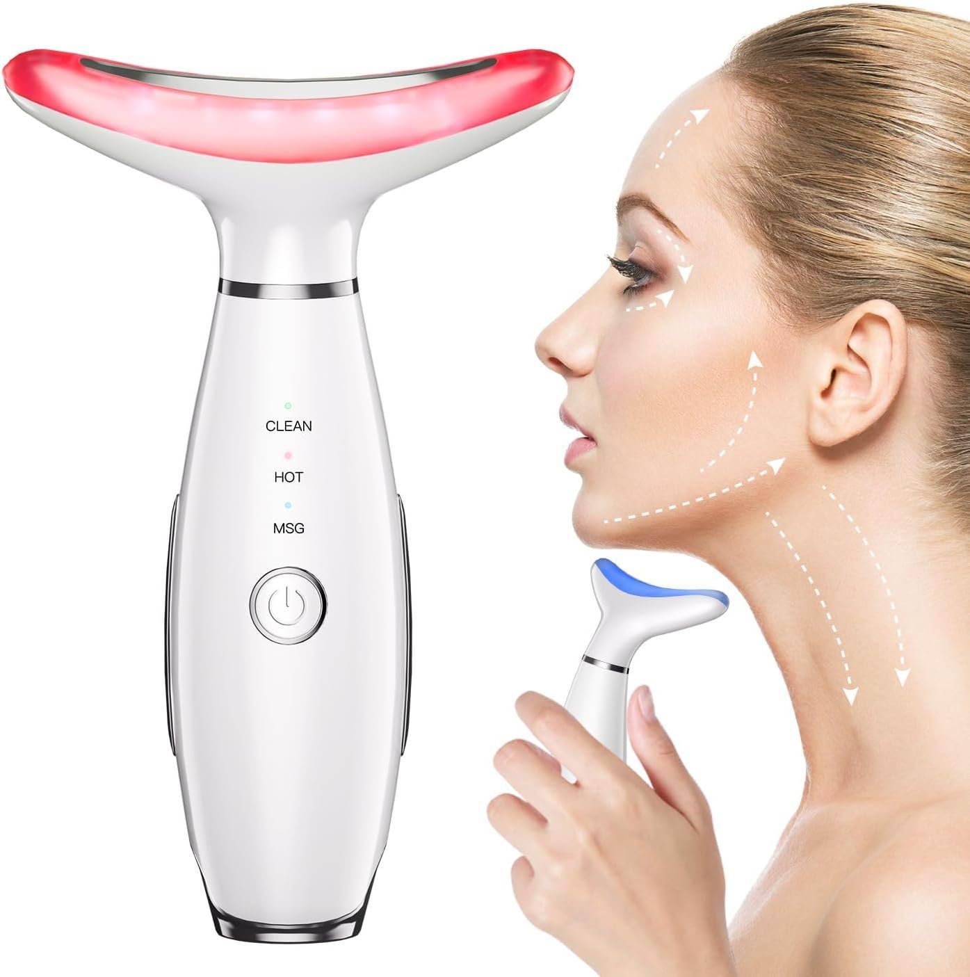 Face Massager -7 Color Red-Light-Therapy for Face and Neck for Wrinkles, Double Chin, Vibrating Facial Massager with Thermals (White)