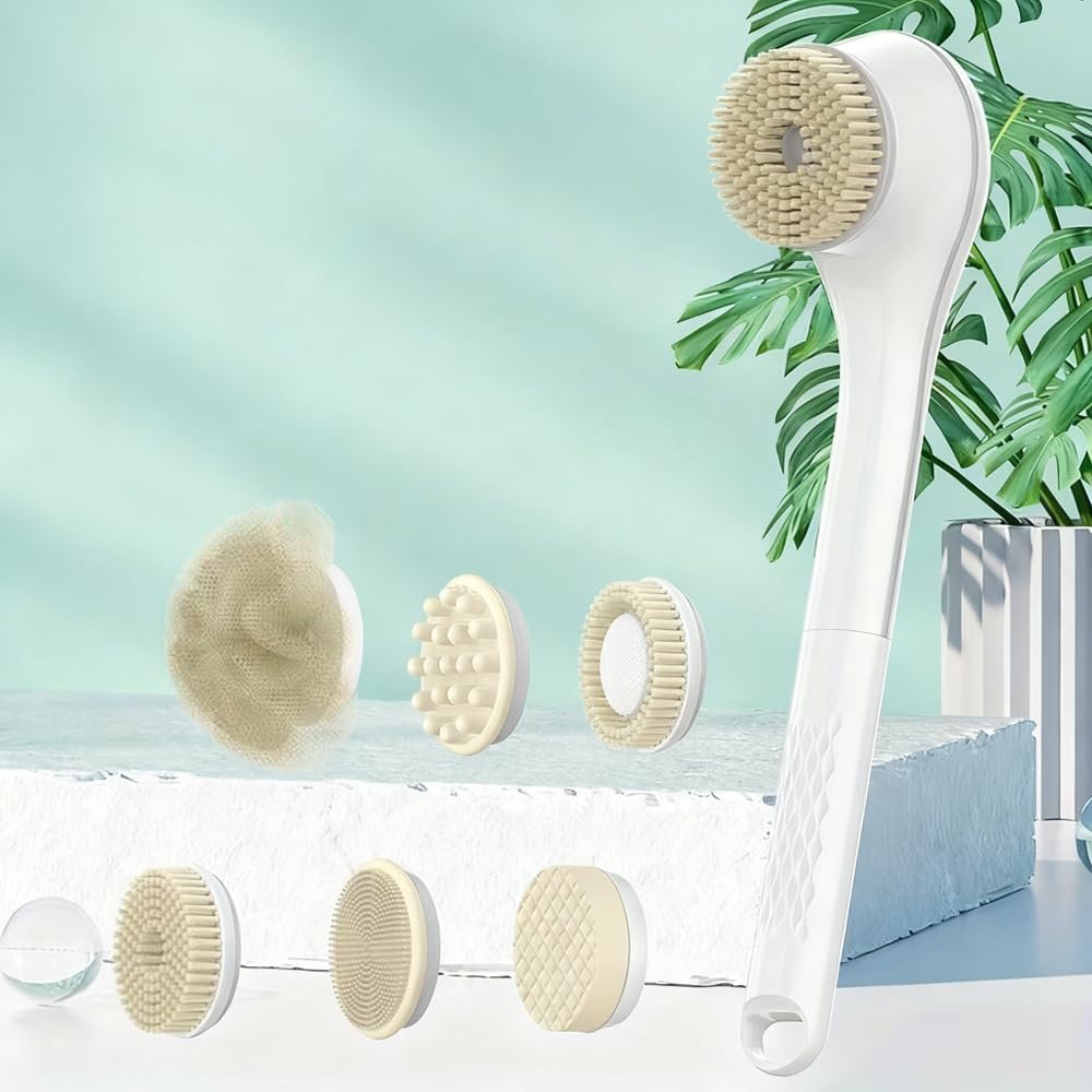 Electric Back Scrubber for Shower Body Brush, Waterproof Shower Body Scrubber for Cleansing, Massaging, Rechargeable Spinning Bath Brush for Kids & Adults with 6 Heads & 3 Speed Modes