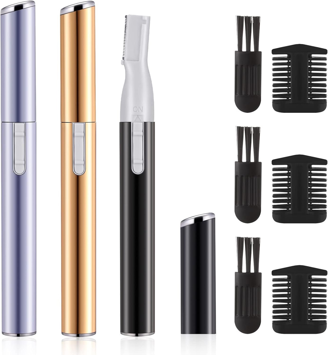 Landhoow 3 Pcs Electric Eyebrow Trimmer Women Facial Hair Remover Mini Precision Shaver with Adjustable Comb and Brush Women Gift Battery Operated for Face Neck Fuzz Lips Leg(Gold, Purple, Black)