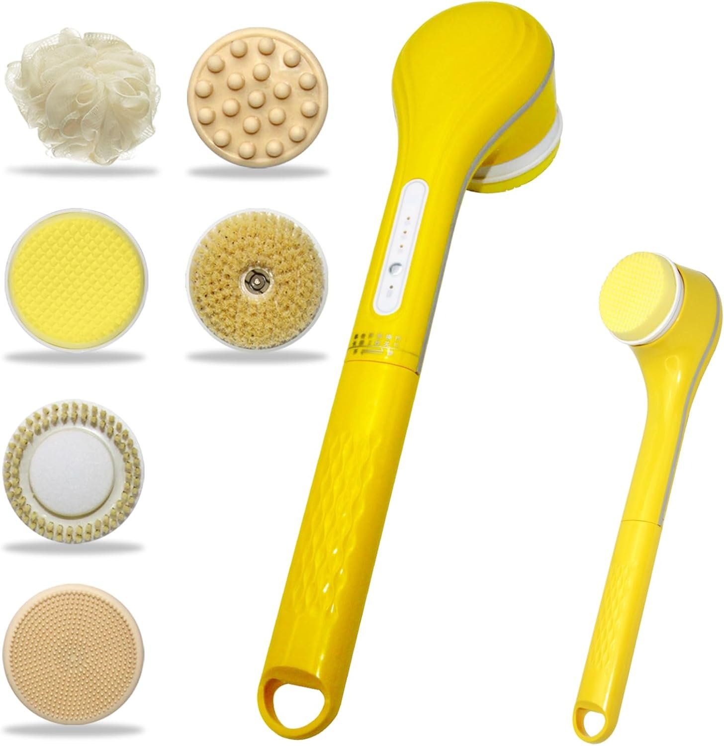 Electric Body Brush Set for Showering,Exfoliating Bath Brush Long Handle for Shower Lotion Applicator for Back Silicone Body Scrubber with 6 Shower Brush Heads for Women Men Gifts (Yellow)