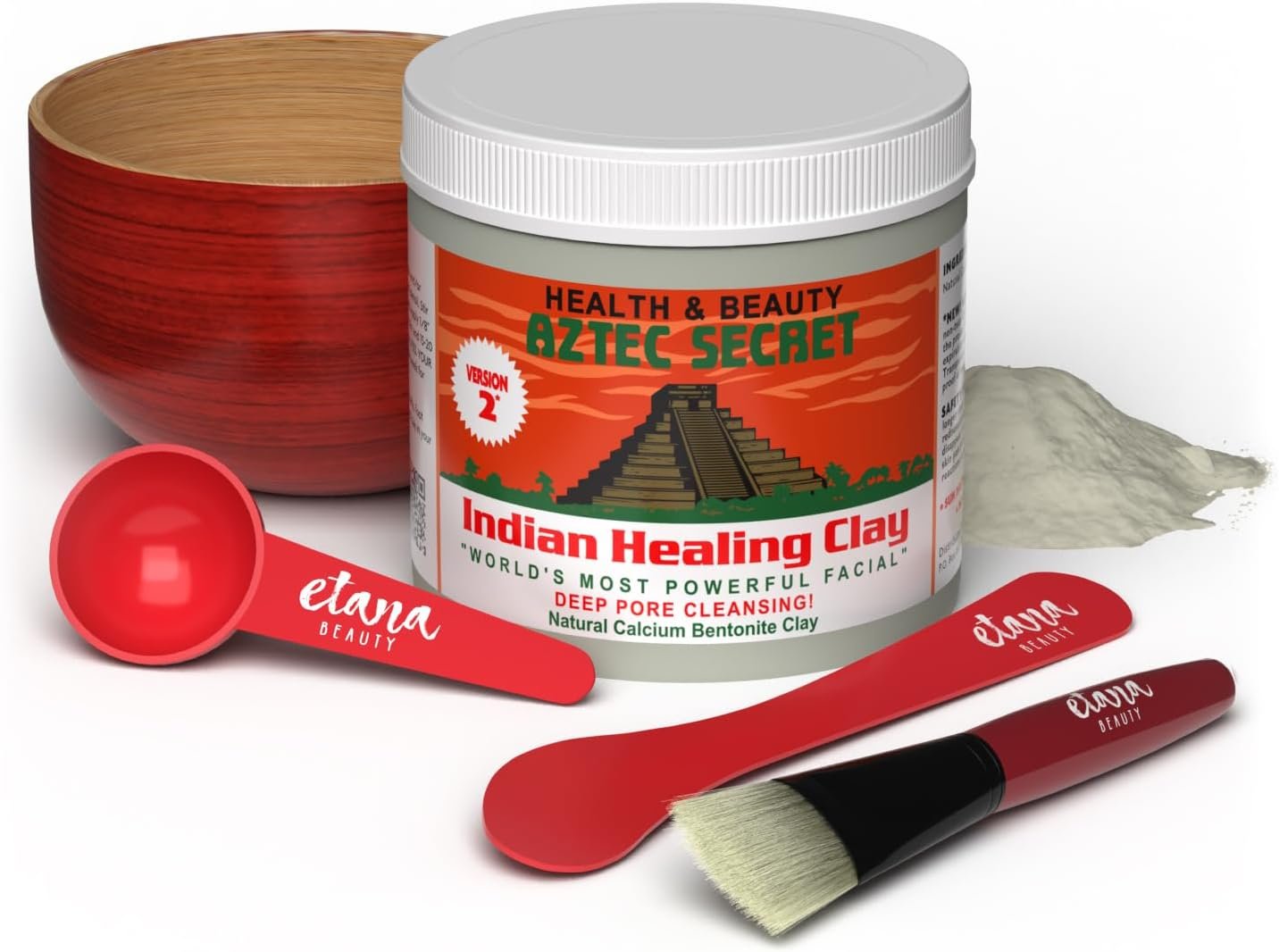 Aztec Secret Essential Indian Clay Mask Kit by Etana – 100% Natural Calcium Bentonite for Deep Pore Cleansing – Facial, Hair & Body Detox Set With Accessories