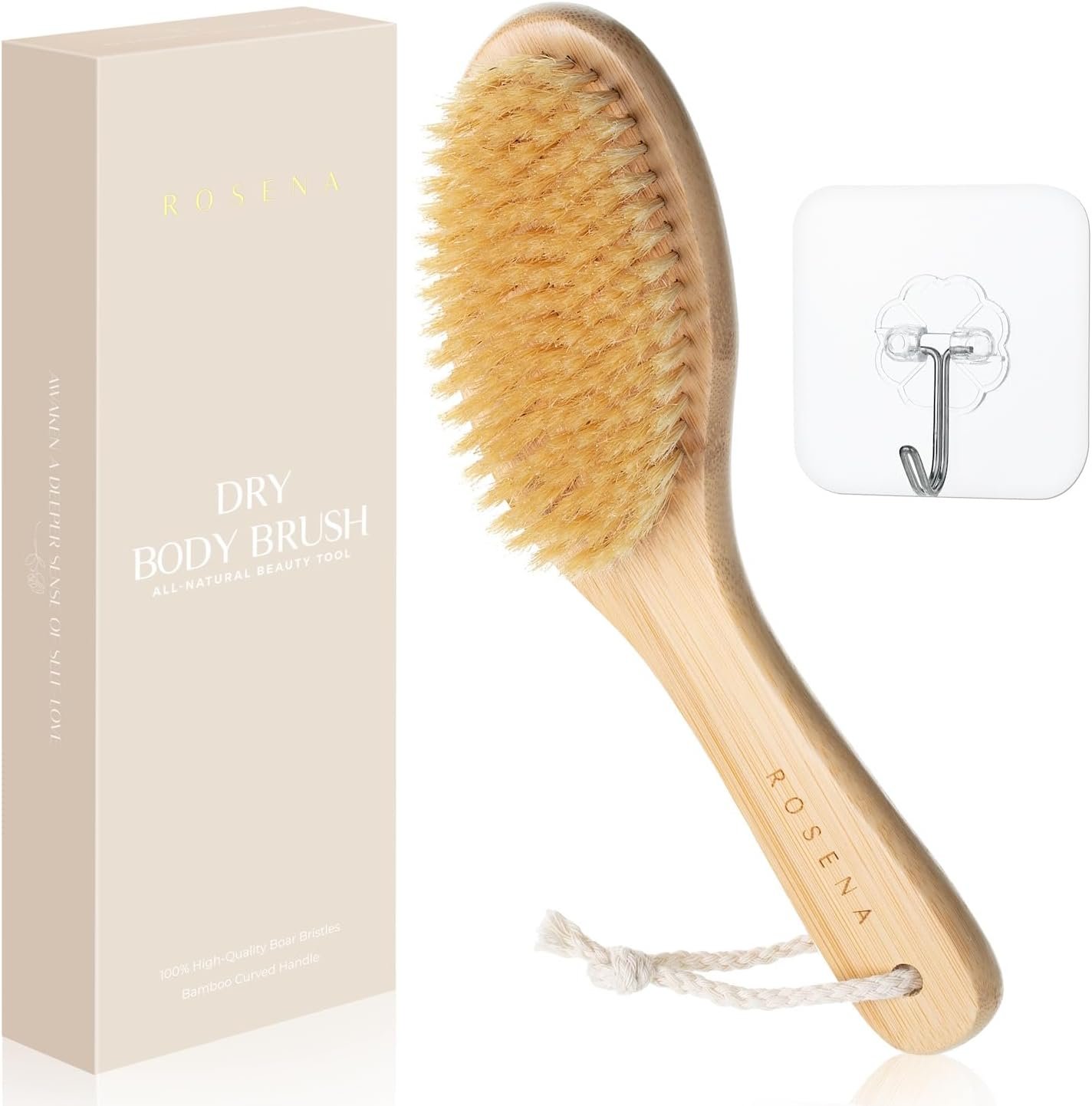 ROSENA Dry Brushing Body Brush with Curved Handle – Dry Brush Natural Boar Bristles, Bamboo, Ergonomic Design for Exfoliating & Lymphatic Drainage, Sustainable Materials