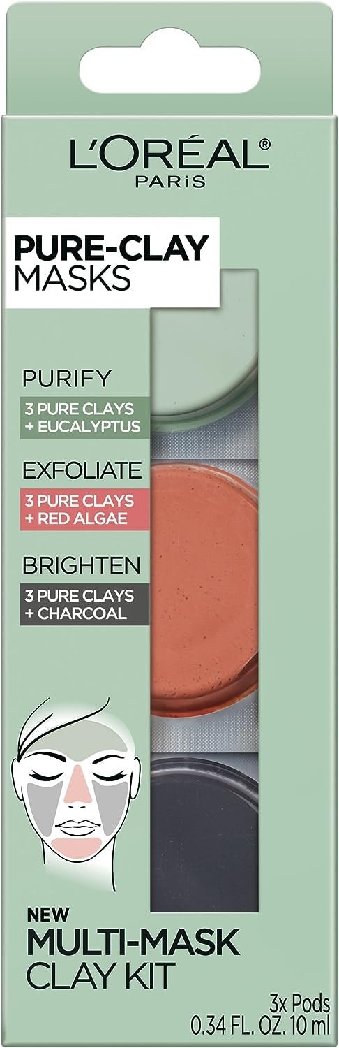 L’Oréal Paris Skincare Pure-Clay Face Mask Trial Size Set, Includes 3 Different Face Masks Made With Charcoal, Red Algae and Eucalyptus, Set