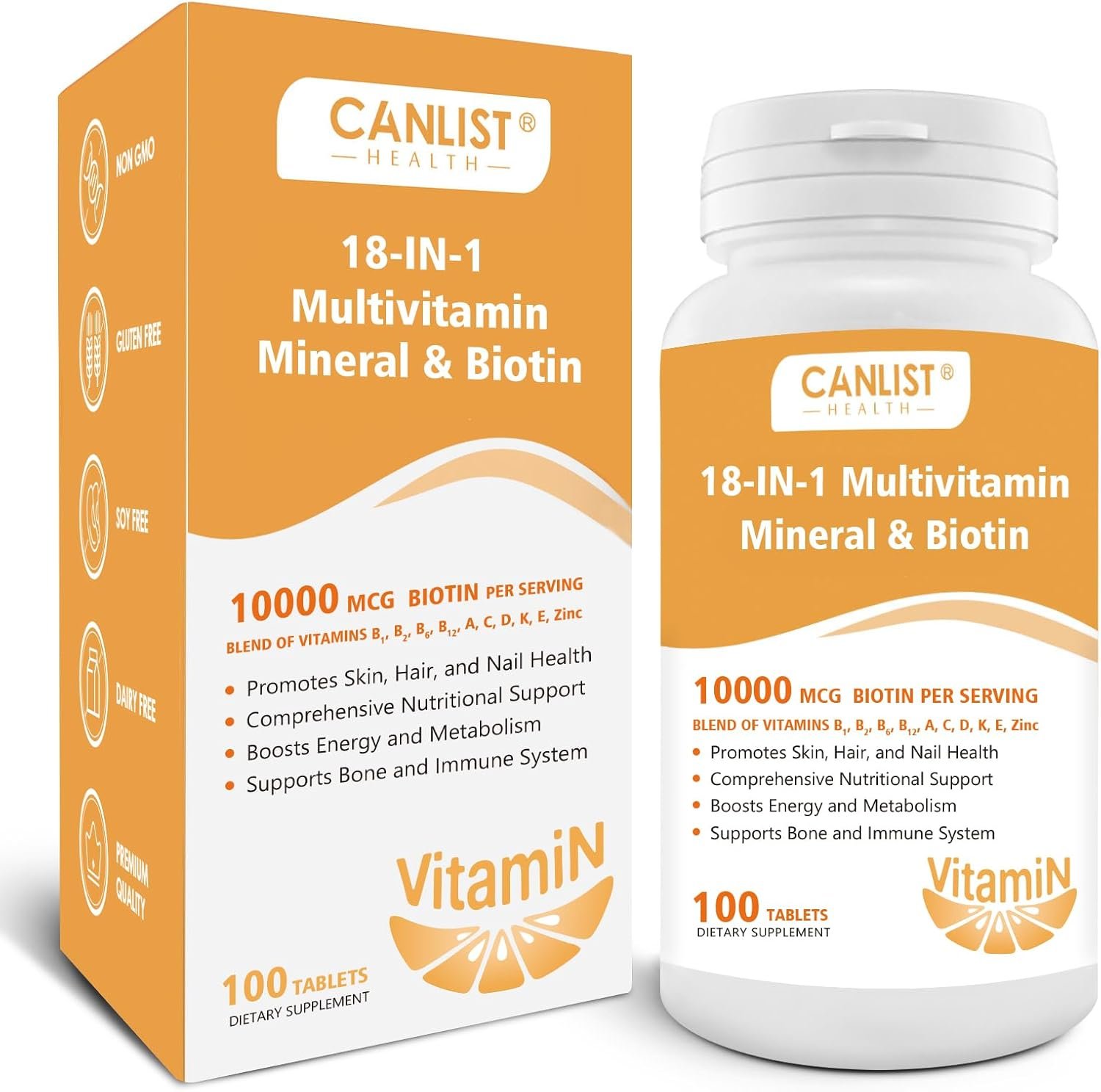 CANLIST Hair Skin and Nails Multi-Vitamin for Men & Women, 10000mcg Biotin & Multimineral, Contains B-Vitamins, Vitamins C, E & D3, Trace Minerals, Zinc, Gluten-Free, Dairy-Free, Soy-Free, 100 Tablets