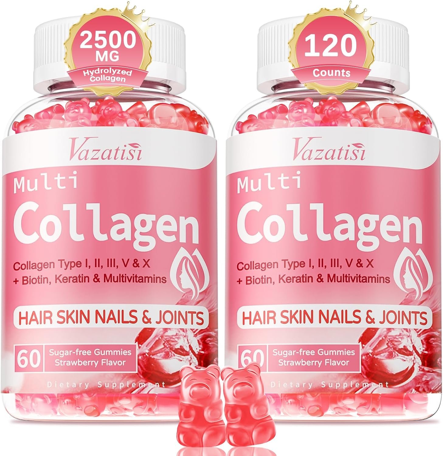 2 Pack Sugar Free Collagen Gummies for Women & Men | Hydrolyzed Collagen Peptides for Hair Skin & Nails | MultiCollagen Protein Type I II III V X with Biotin & Vitamin C | Strawberry Flavor, 120 Count