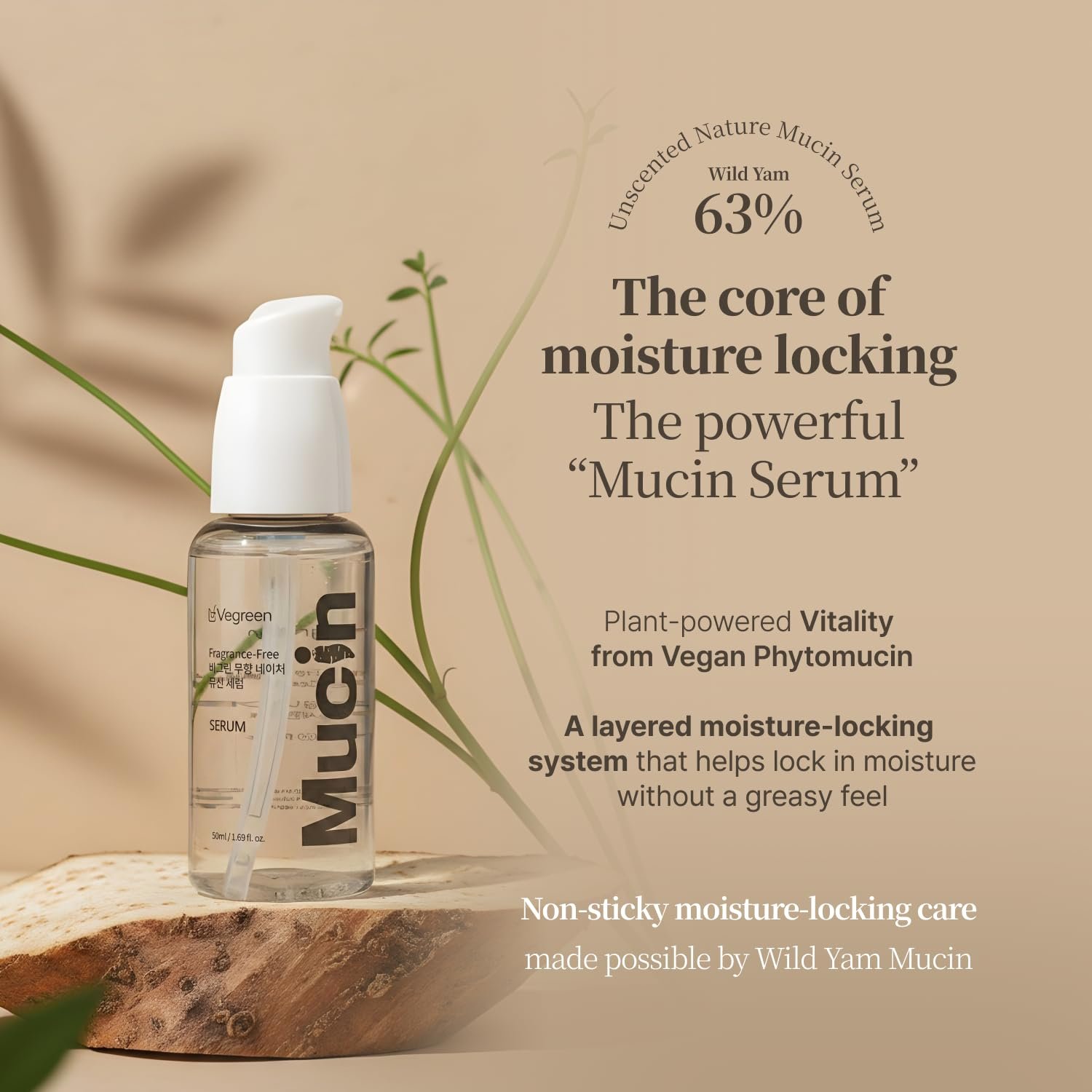 VEGREEN Vegan Nature Mucin Serum with 63% Wild Yam Phyto Mucin & Peptides – Korean Skincare for Barrier Repair & Intense Hydration – Non-Sticky, Cruelty-Free Soothing Face Serum, 1.69 fl oz