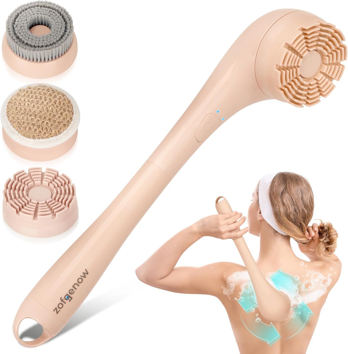 ZOFGENOW Electric Body Brush, Waterproof Back Scrubber for Shower with Long Handle and 3 Heads, Rechargeable Exfoliating Brush for Body and Foot, Deep Cleansing Massager, Pink