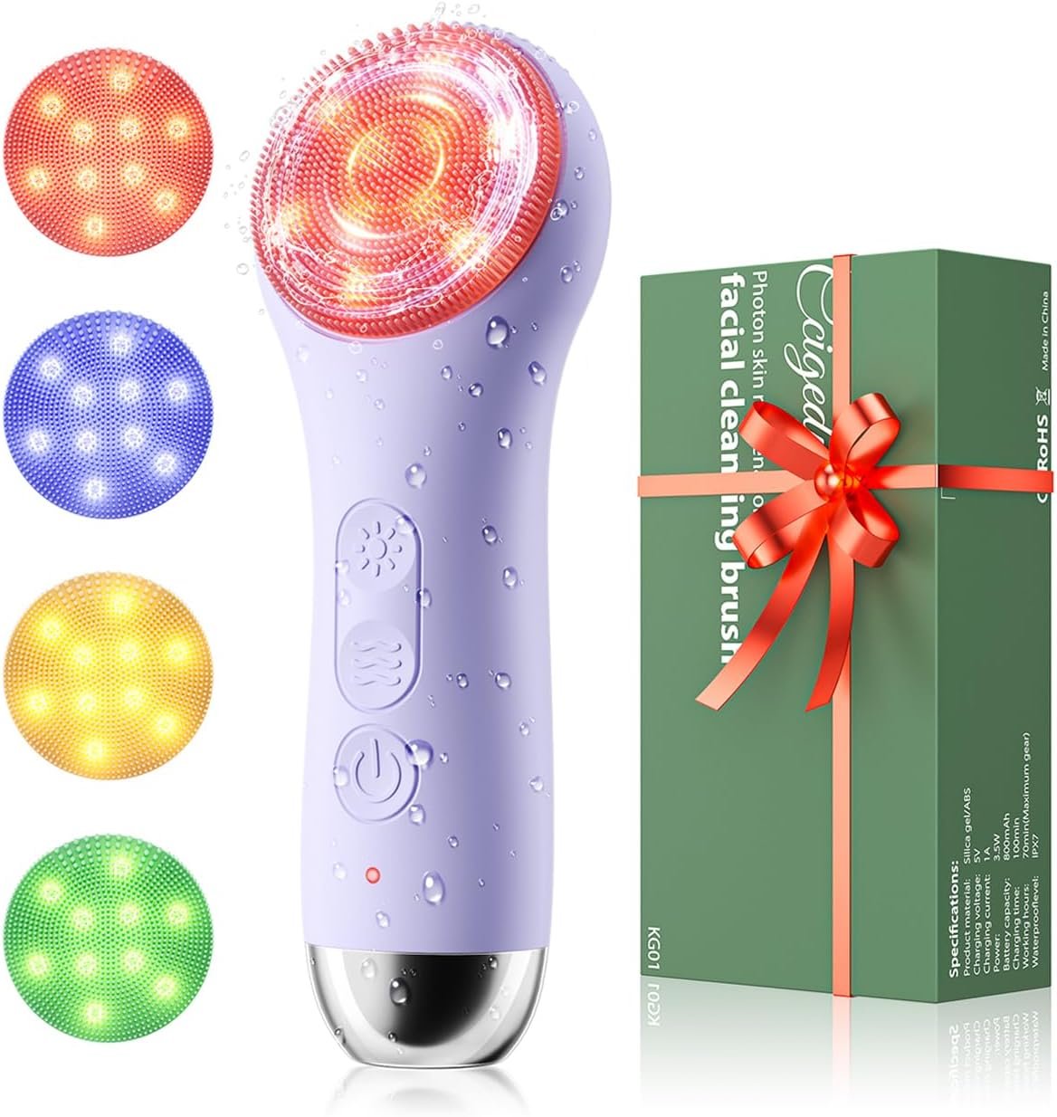 Ccigedy Face Scrubber Brush, Electric Silicone Face Scrubber, Waterproof and Rechargeable Facial Cleansing Brush with 4 LED Gentle Light, Sonic Facial Pore Exfoliator Cleanser Tool for Women & Men
