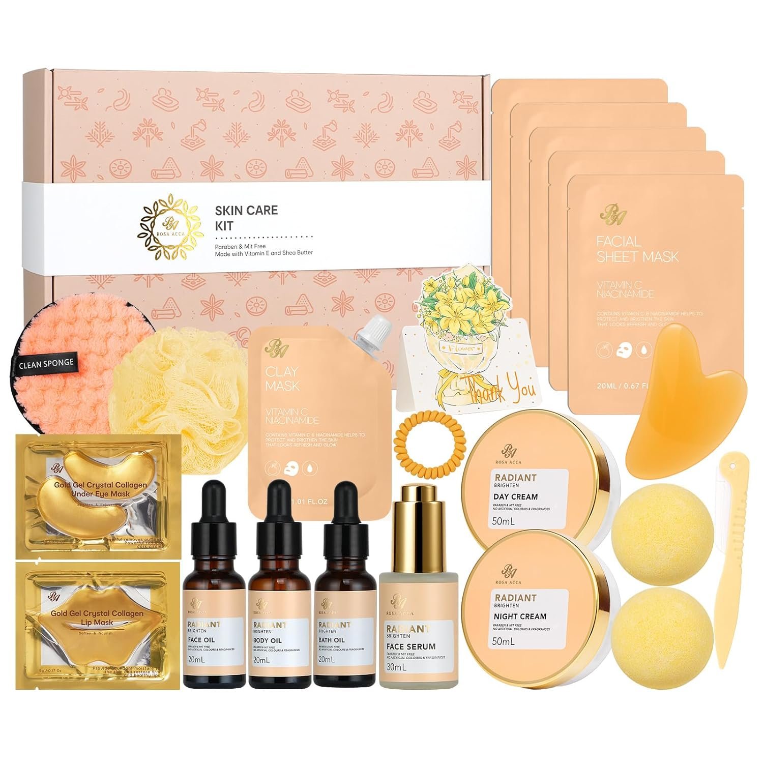 23 Pcs Mother’s Day Gifts for Mom, Orange Facial Skin Care Set for Women & Men, Bath and Body Gifts Basket Kit, Home Spa Gift Baskets, Birthday Gifts For Women, Serum, Clay Mask, Christmas,Anniversary