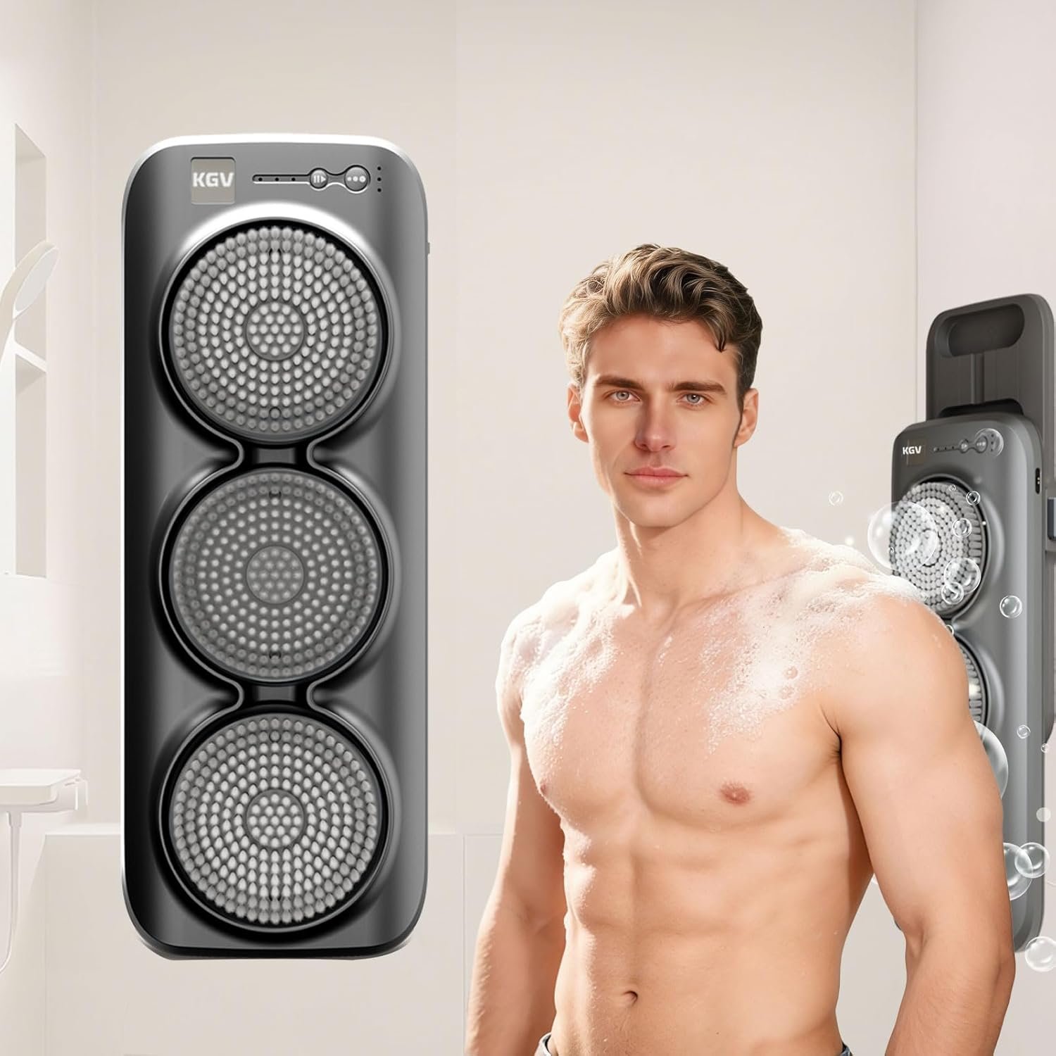 Electric Shower Brush for Body with 3 Motorized Brush Heads, Wall-Mounted Back Scrubber for Shower, Exfoliating Soft Bristles, Hands-Free Design, Easy to Install, for Men and Women