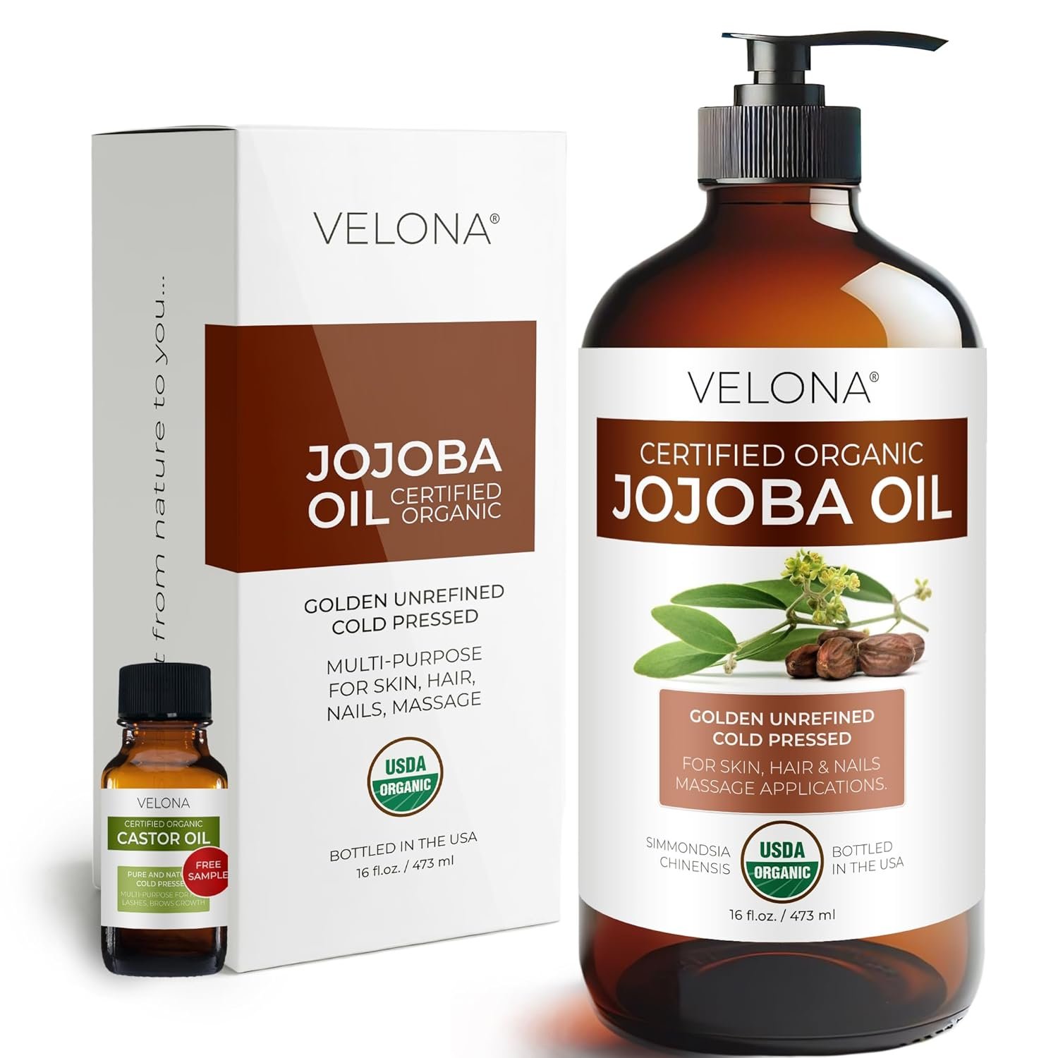 velona Jojoba Oil USDA Certified Organic – 16 Fl Oz in Glass Bottle | 100% Pure and Natural | Golden, Unrefined, Cold Pressed, Hexane Free | Moisturizing Face, Hair, Body, Skin Care