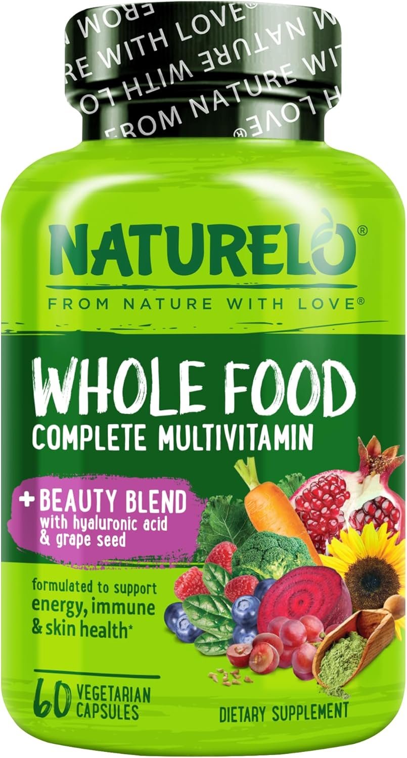 NATURELO Whole Food Multivitamin with Extra Hair, Skin and Nails Support – Beauty Blend with Hyaluronic Acid & Grape Seed – High Potency Biotin, Vitamin C, and Glutathione – 60 Vegan Capsules