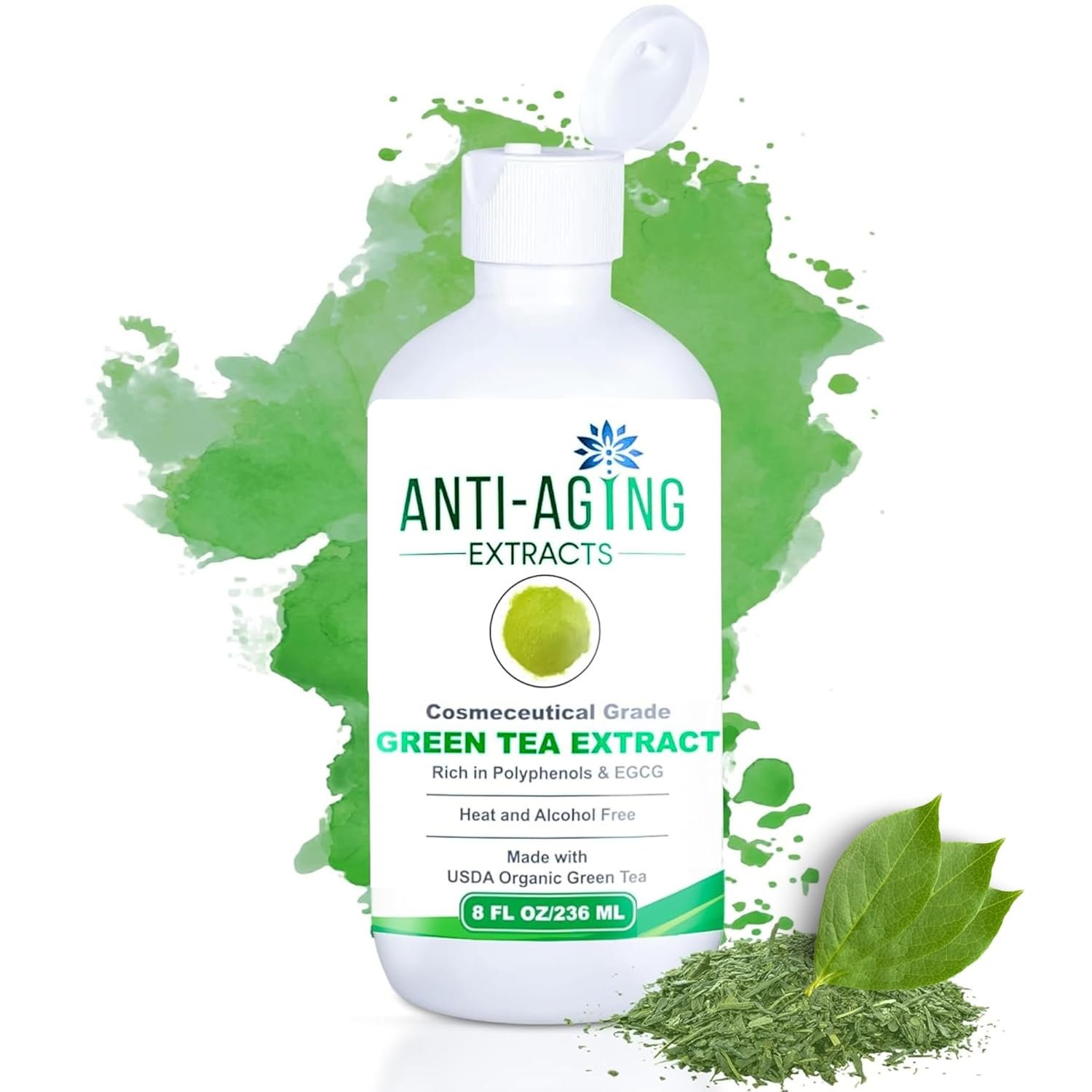 Pure Green Tea Extract for Skin and Hair – Cold-Processed Antioxidant, Polyphenol & EGCG Serum with USDA Organic Leaves – Natural – Alcohol-Free – 8 fl oz