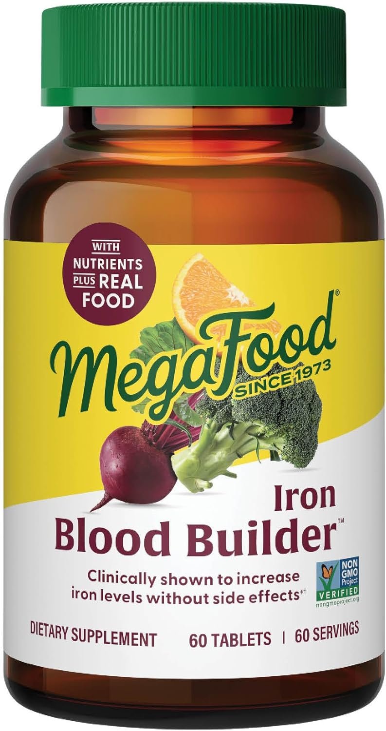 MegaFood Blood Builder Iron Supplement for Women & Men – Increase Iron Levels Without Side Effects – Improves Energy Levels – B12, Folic Acid & Vitamin C for Absorption – Vegan, Non-GMO – 60 Tablets