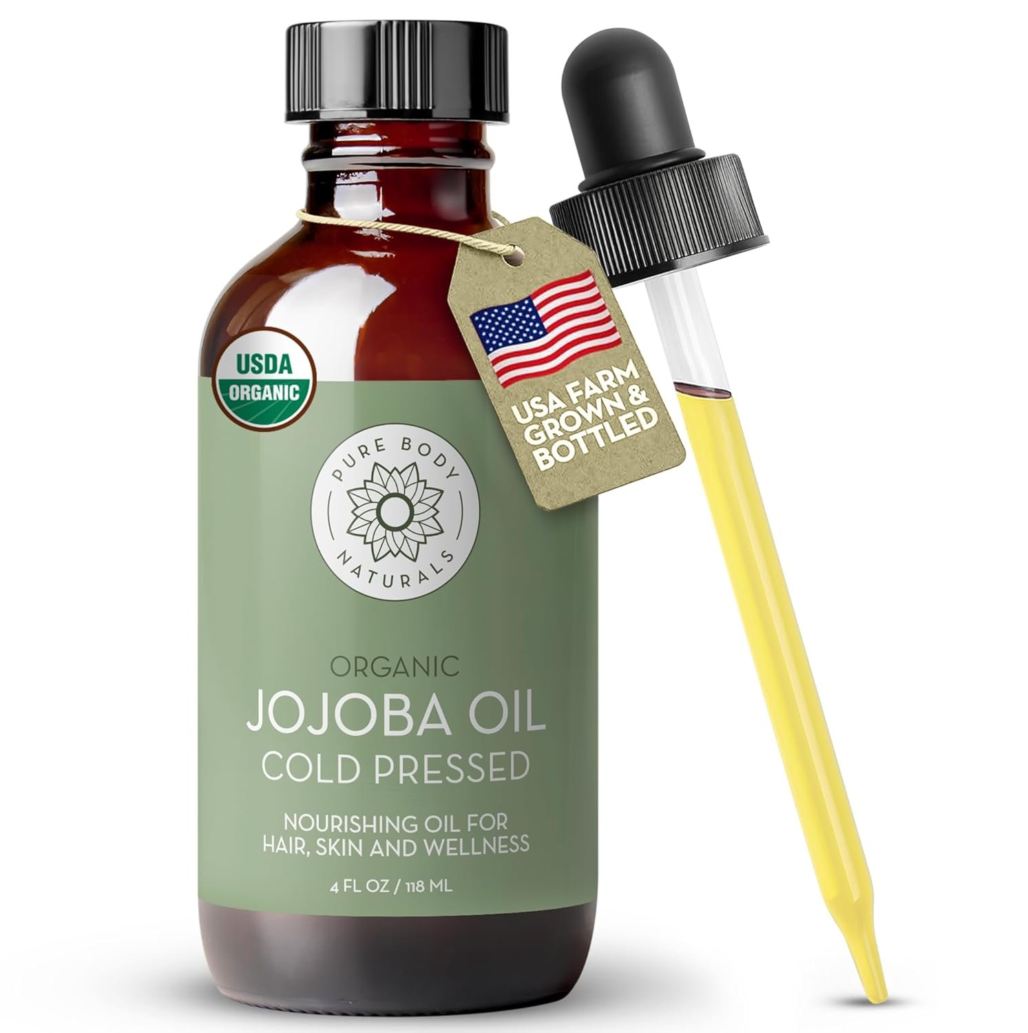 Pure Body Naturals Organic Jojoba Oil, 4 Fl Oz – 100% Pure, Organic, USA-Sourced, Cold Pressed Jojoba Oil for Skin, Face, Nails and Hair – Carrier Oil for Mixing Essential Oils