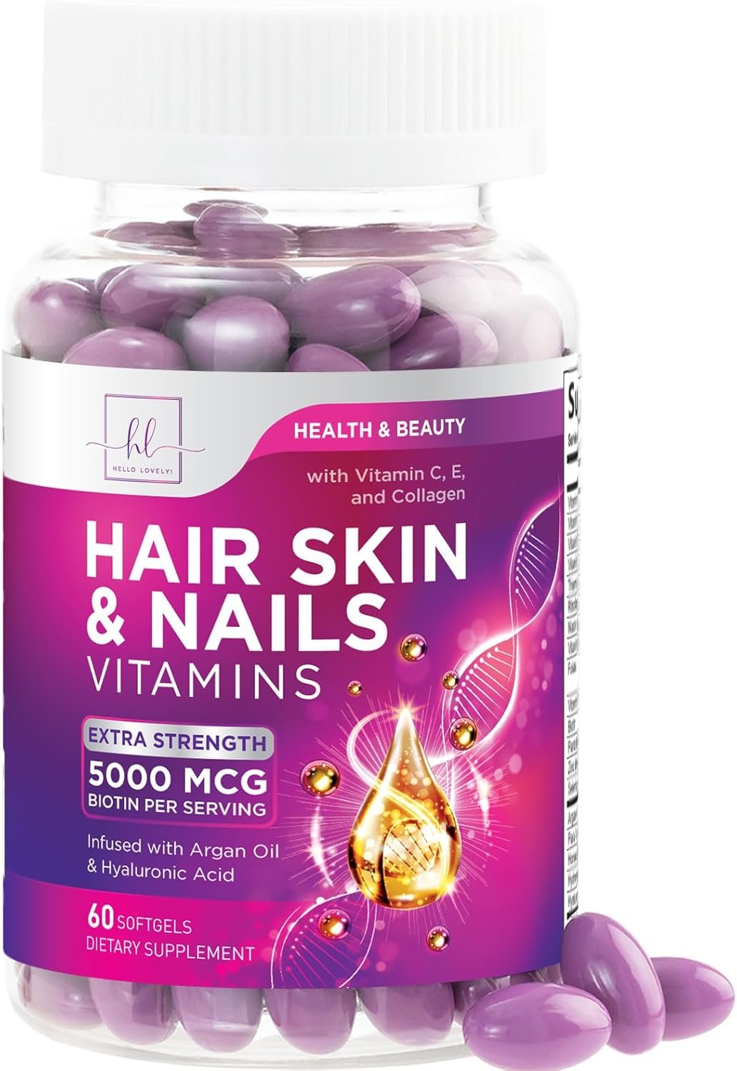 Hair Vitamins for Women for Hair Growth – Argan-Infused Supplement with Collagen, Biotin and Hyaluronic Acid – Supports Faster Hair Growth, Skin & Nails Beauty Vitamins, Bottled in USA – 60 Softgels