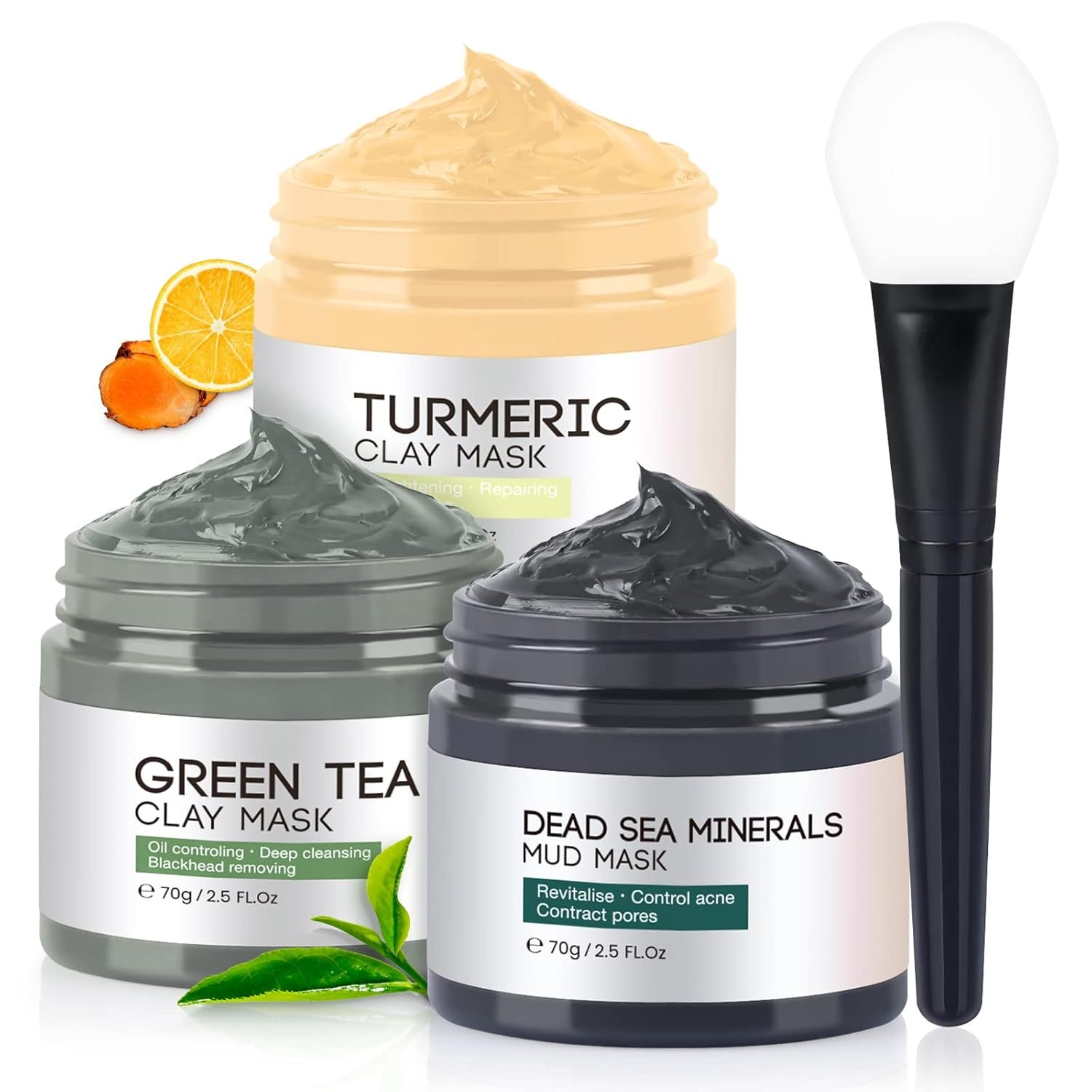 BOJICA 3PCS Clay Face Mask Skincare – Facial Skin Care Mask for Deep Pore Cleansing Turmeric Dead Sea Mud Green Tea Purifying and Hydrating – Reduce Acne Blackheads for Women and Men 2.5 OZ each