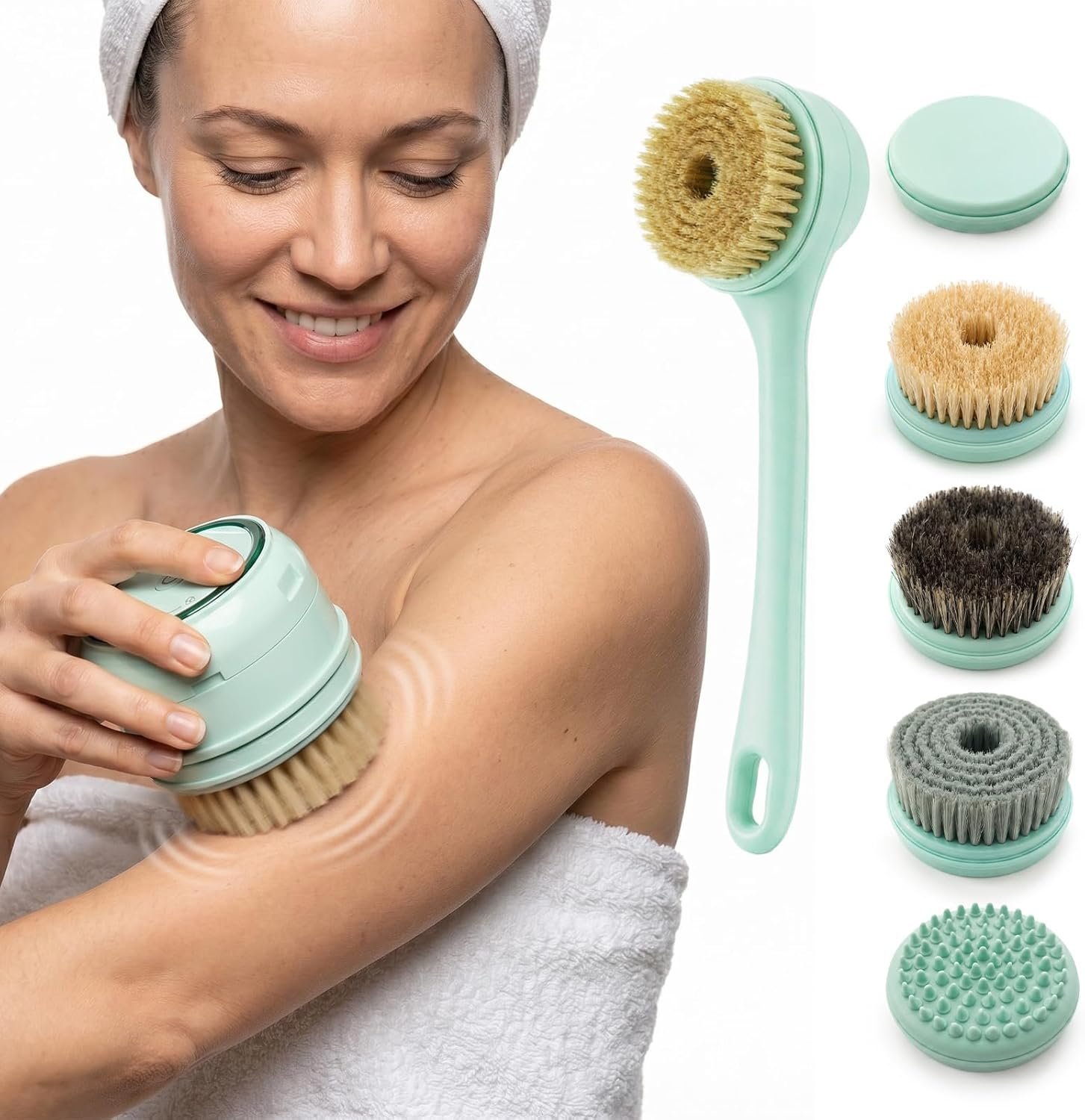 Electric Dry Brushing Body Brush for Lymphatic Drainage: Natural Bristle 5-in-1 Dry Brush with Handle for Cellulite, Exfoliating, Waterproof Back Shower Scrubber for Men/Women