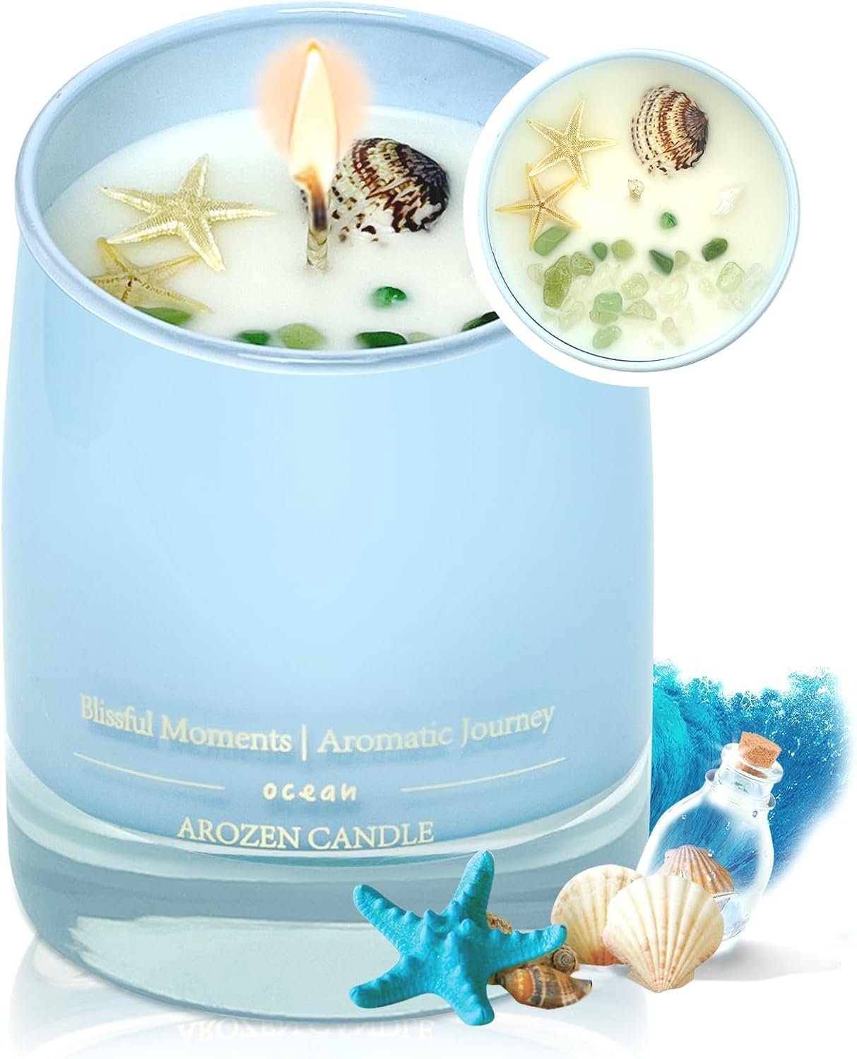 Ocean Scented Candles Gift for Women-10oz Aromatherapy Sea Beach Soy Candles for Home Scented with Healing Crystal inside-55H Burn Gifts for Valentine’s Day, Birthday, Women, Mother’s Day