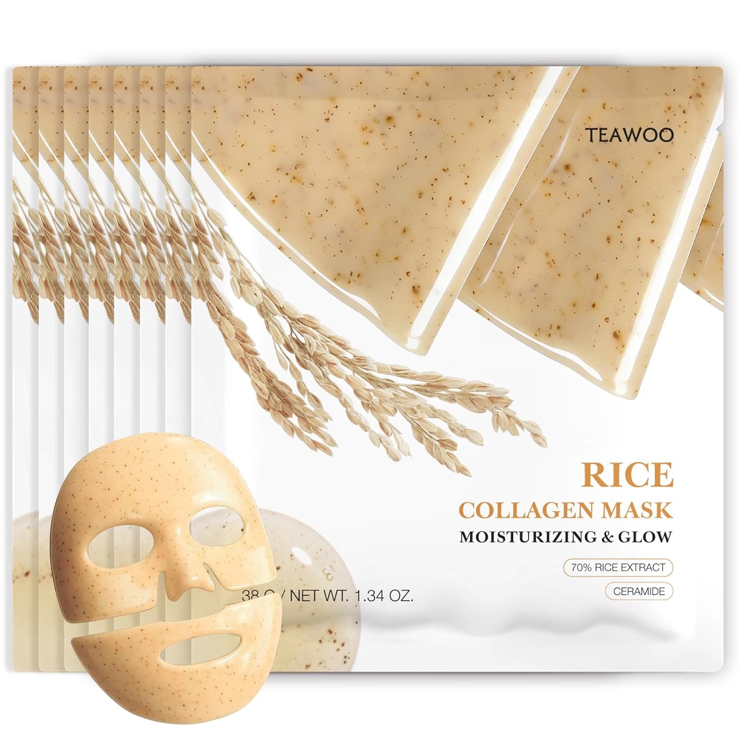 TEAWOO Rice Deep Collagen Face Mask, 38g x 8 EA, Moisturizing and Hydrating Overnight Facial Mask, Contains Ceramide & Collagen for Glass Glow Skin, Korean Skincare
