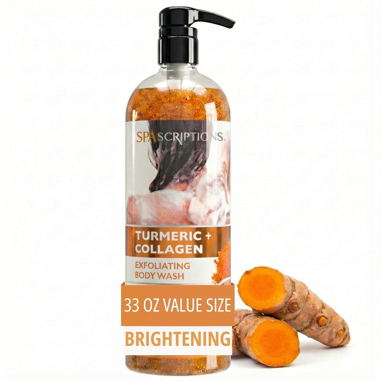 SpaScriptions Turmeric & Collagen Body Wash – Brightening Gentle Exfoliation Shower Gel Scrub for Men and Women with Brown Sugar & Vitamin E for Glowing Hydrated Skin, Scented, Paraben Free 33 fl oz
