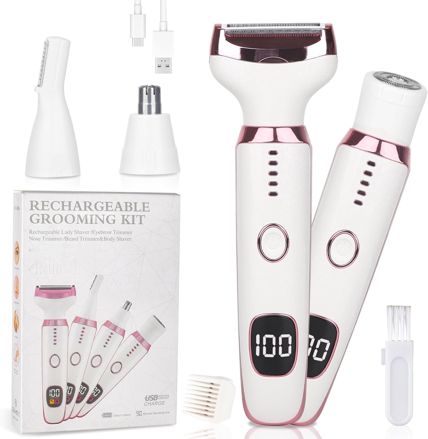 Electric Razor for Women Men with LED Display,4 in 1 Ladies Wet & Dry Body Razors and Facial Hair Remover, Rechargeable Hair Removal Kit for Nose Face Body Leg Bikini Arm Hair (Multicolor Pi)