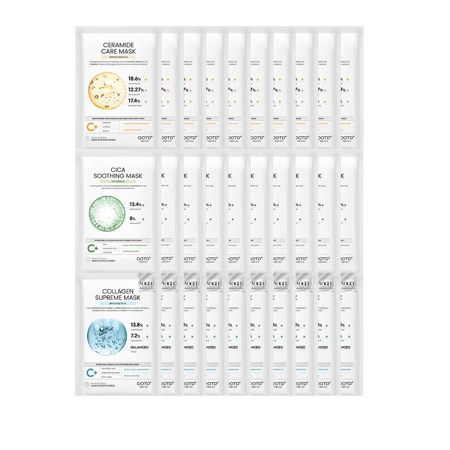 #OOTD Hydrating Soothing Sheet Masks Gift Set, Korean Vegan Facial Masks for Dry Sensitive Skin, Calming & Nourishing with Collagen, Ceramide, Cica (30-Count)