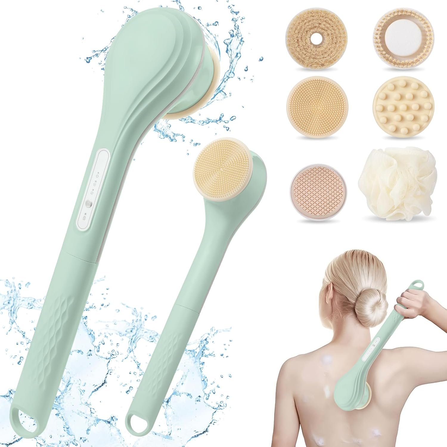 Electric Body Bath Brush, Rechargeable Back Scrubber for Shower, Long Handle Exfoliating Bath Brush for Shower, Lotion Applicator for Back, Silicone Body Scrubber with 6 Shower Brush Heads