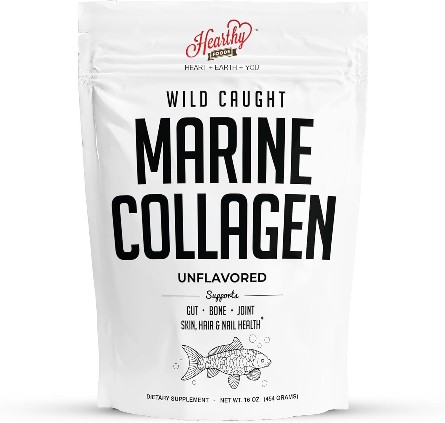 HEARTHY FOODS Marine Collagen Powder 16 Oz – Sourced from Wild-Caught Fish, Pescatarian Friendly, Keto Certified & Non-GMO Verified – Easy to Mix in Water – 45 Servings