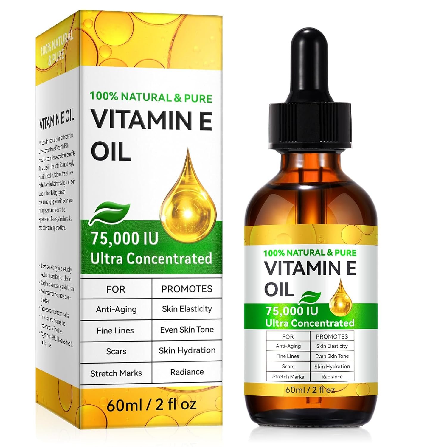 Pure Vitamin E Oil – 75,000 IU Vitamin E Oil for Face Skin, Scars, Face & Full Body Reduce Fine Lines & Scars, Moisturizing Skin, 2 Fl Oz