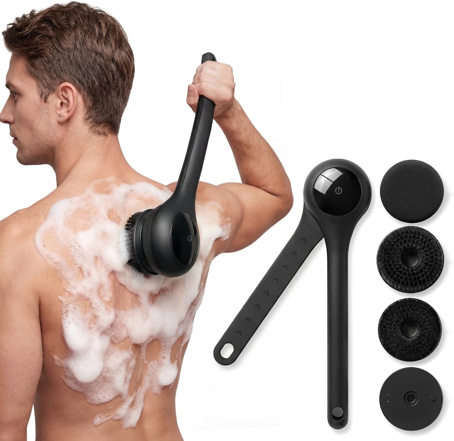 Electric Body Brush Back Scrubber for Shower, Waterproof Long Dual Handle Power Body Scrubber with 3 Heads, Bath Brush & 2 Speeds, for Cleansing, Exfoliating and Massaging Skin, Black