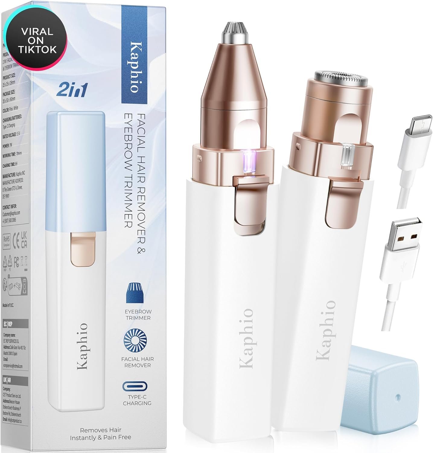 KAPHIO Facial Hair Removal for Women: 2 in 1 Electric Hair Removal Device for Chin Upper Lip Peach Fuzz & Rechargeable Eyebrow Trimmer for Shape Brows with Light (Blue)