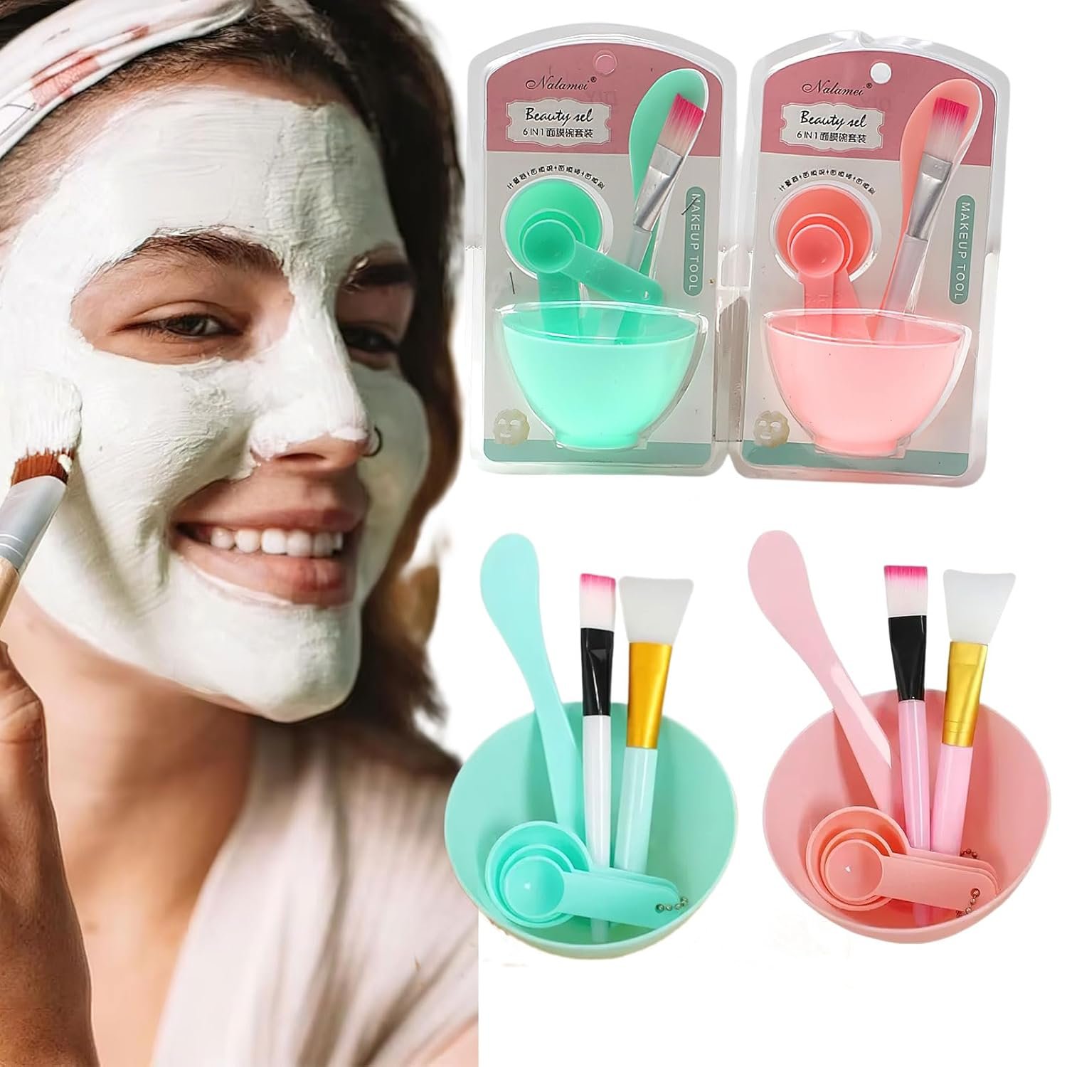2 Set Face Mask Making Kit, Silicone Mixing Bowl,6 In 1 DIY Facemask Mixing Tool Kit With Facial Mask Bowl Stick Spatula Silicone Brush Gauges Spoon for Women’s Beauty(Pink, Green)
