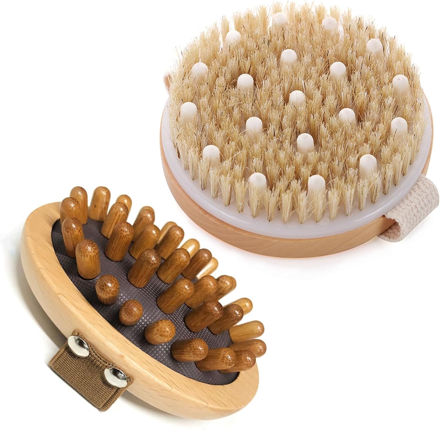 BoAn 2 Piece Shower Brush Set – Natural Wooden Massage Brush for Dry Skin, Lymphatic Drainage and Cellulite Care Body Brush for Exfoliating Body Scrubber and Cellulite Treatment