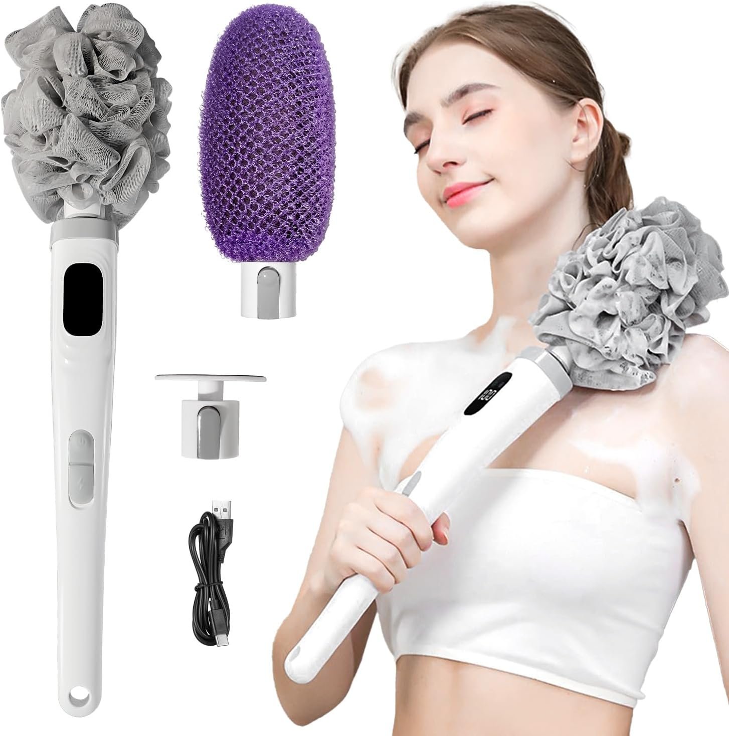 Pecait Electric Body Brush, African Bath Sponge Back Scrubber for Shower, IPX7 Waterproof Dual-Speed Control Bath Brush with 3 Interchangeable Heads, for Cleansing, Exfoliating and Massaging Skin