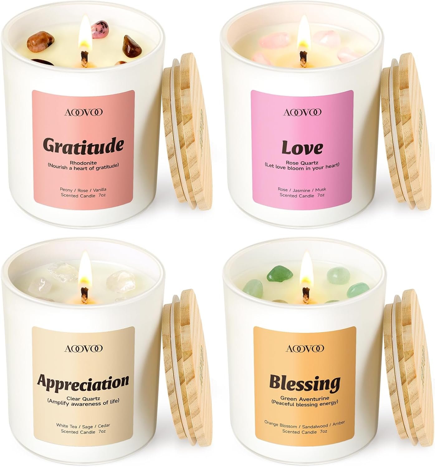 AOOVOO Fathers Day Candles Set for Dad – 4 Pack Candles for Home Scented, Aromatherapy Candle with Crystals, Gratitude Rhodonite/Appreciation Clear Quartz/Blessing Aventurine/Love Rose Quartz