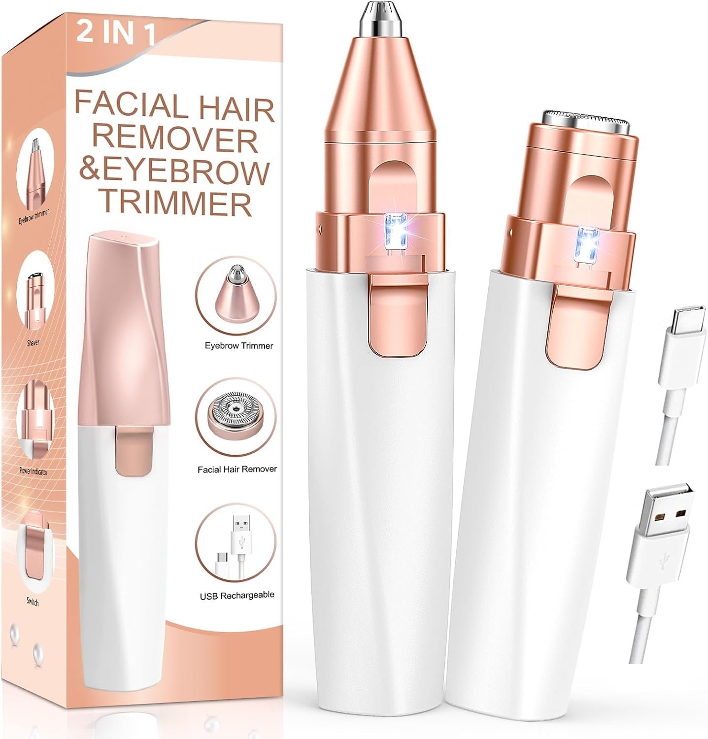 Eyebrow & Facial Hair Removal for Women: 2 in 1 Rechargeable Eyebrow Trimmer & Face Shaver, Painless Electric Facial Eye brow Razors Epilator with Built-in LED Light -Perfect for Face, Lips & Body