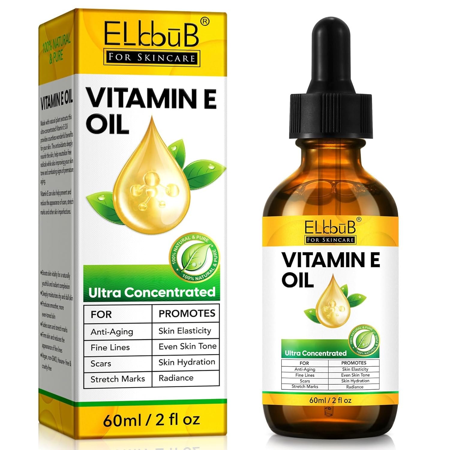 ELBBUB Premium Vitamin E Oil – Ultra Concentrated – Moisturizes, Improves Appearance of Scars & Stretch Marks, Skin Hydration – for Face, Body, Hair, and Nails
