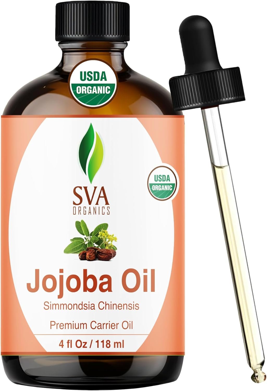 SVA Jojoba Seed Oil Organic – 4 Fl Oz – 100% Natural Cold Pressed Organic Jojoba Oil – for Face, Skin Care, Hair Care, Scalp Massage & Body Massage – Carrier Oil with Dropper