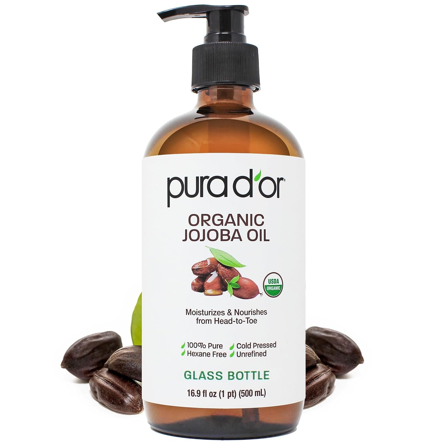 PURA D’OR ORGANIC Jojoba Oil (16.9 Oz GLASS BOTTLE) USDA Certified – 100% Pure & Natural