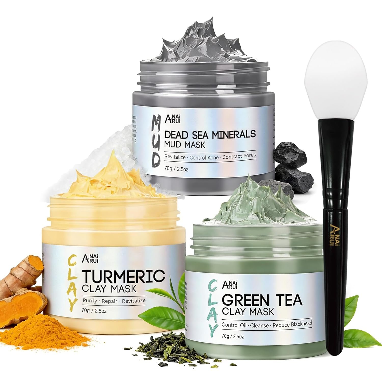 ANAI RUI 3 Pcs Face Mask Set – Turmeric Clay Mask – Green Tea Face Mask – Dead Sea Mud Mask for Oily Skin, Blackheads & Pores -Spa Gift Set Self Care for Women Teens 2.5 oz Each