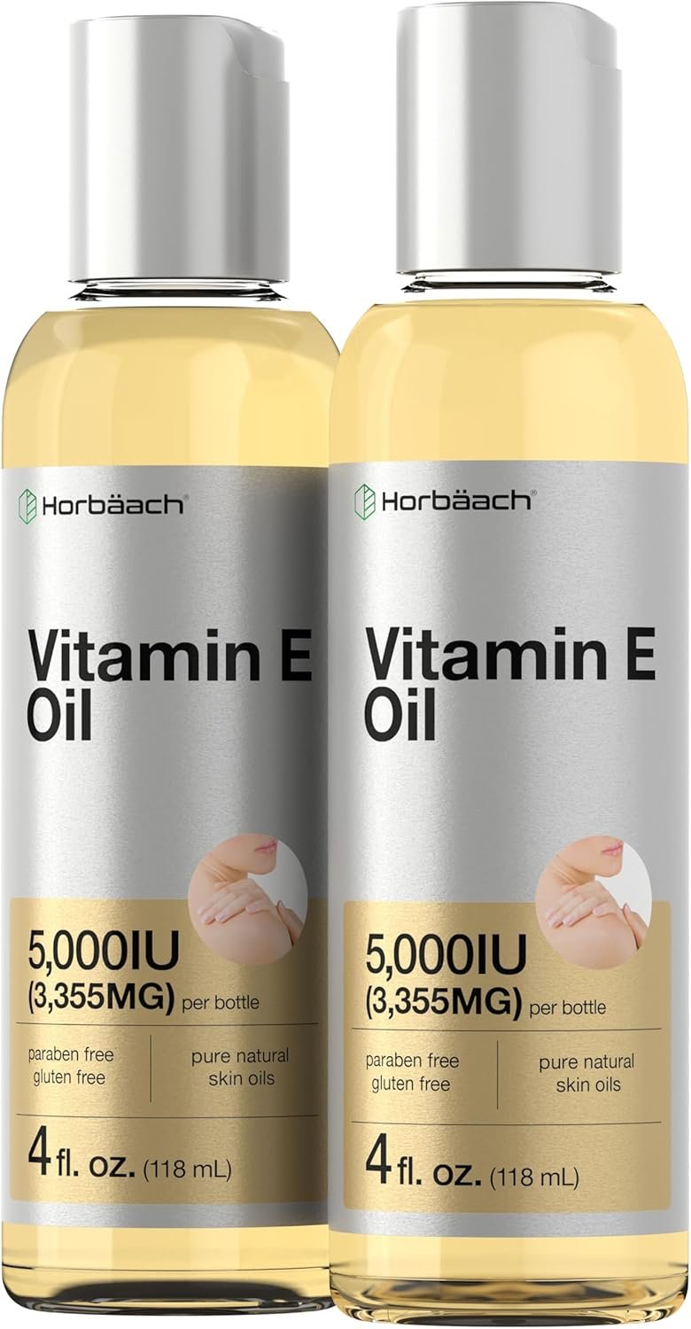 Horbäach Vitamin E Oil | 5000 IU | 8 oz (2 x 4oz) Value Pack | for Skin, Hair, Face & Body | Vegetarian, Non-GMO, and Gluten Free Formula