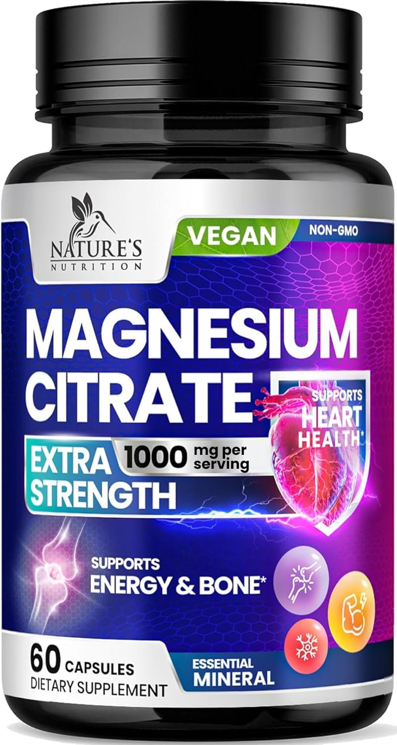 Magnesium Citrate 1000mg Per Serving – 3X Strength Magnesium Supplement for Bone, Muscle, Heart, Natural Sleep Support for Men & Women, Vegan Mag Mineral Pills, Non-GMO, Bottled in USA – 60 Capsules