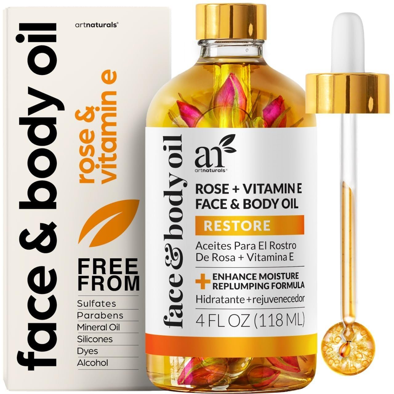 Artnaturals Organic Rose + Vitamin E Face Oil 4.0oz – for Body & Hair – 100% Natural, Moisturize, Rejuvenate & Enhance your skin – Anti-Aging Moisturizer Facial Oil for Fine Lines, Scars & Wrinkles