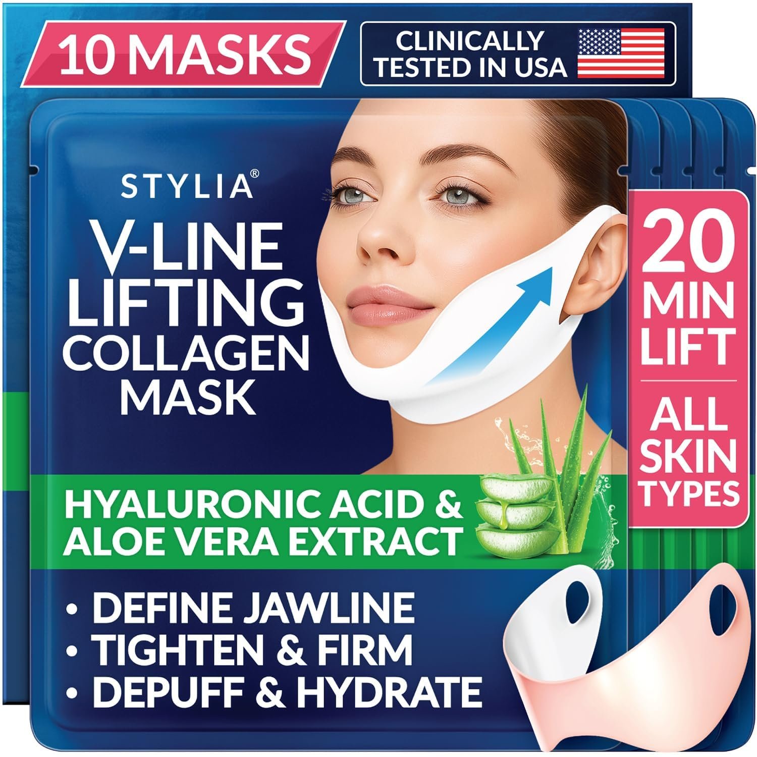 Stylia V Line Lifting Collagen Mask – Lift, Firm & Contour Jawline – Tightening Double Chin Strap with Hyaluronic Acid & Aloe – Neck Tightening and Lifting Mask – Jawline Shaper Face Lift Tape (10PC)