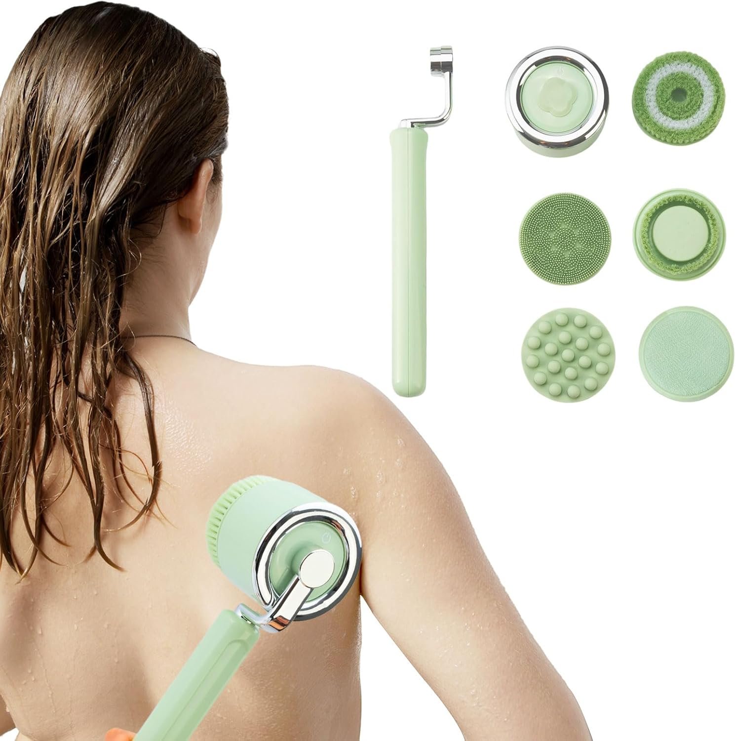 Electric Body Bath Brush for Shower, Rechargeable Body Brush with Detachable Long Handle and 5 Heads, 3 Speeds Bath Brush for Skin Care, Basic Cleaning and Massage (Sliver)